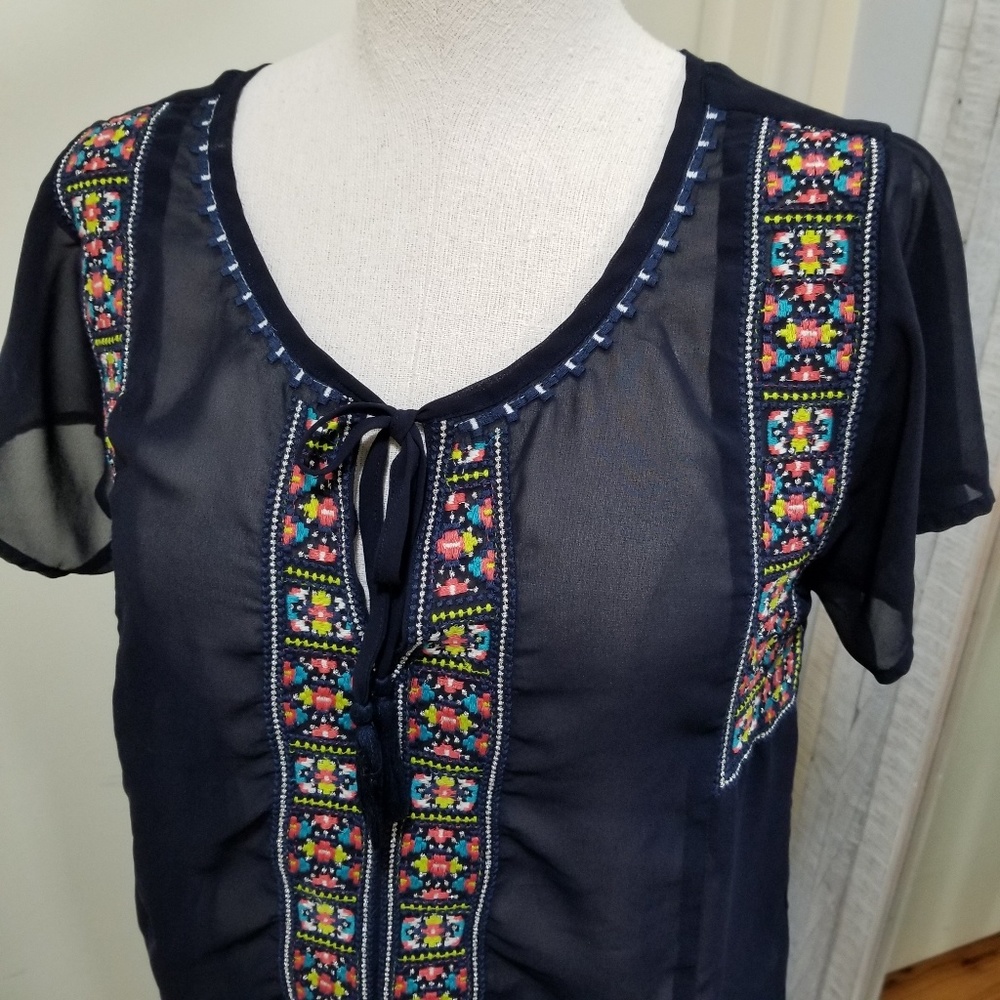 American Eagle Navy Multi Neon Embroidered Blouse